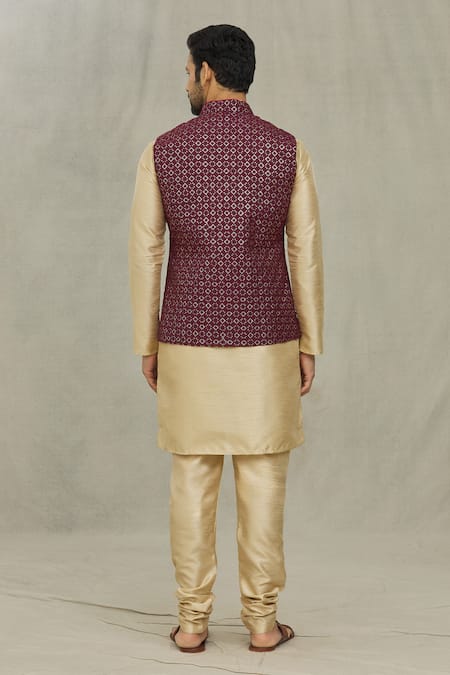 Shop_Arihant Rai Sinha_Maroon Silk Sequins, Embroidery Bundi And Kurta Set _at_Aza_Fashions
