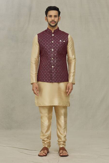 Buy_Arihant Rai Sinha_Maroon Silk Sequins, Embroidery Bundi And Kurta Set _Online_at_Aza_Fashions