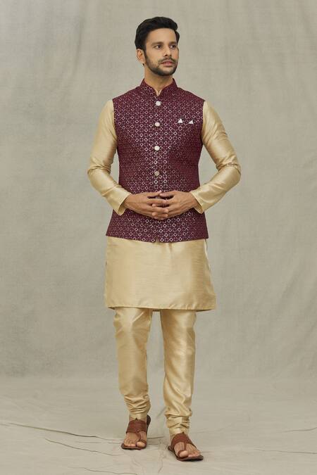 Shop_Arihant Rai Sinha_Maroon Silk Sequins, Embroidery Bundi And Kurta Set _Online_at_Aza_Fashions
