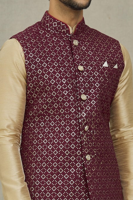 Arihant Rai Sinha_Maroon Silk Sequins, Embroidery Bundi And Kurta Set _at_Aza_Fashions