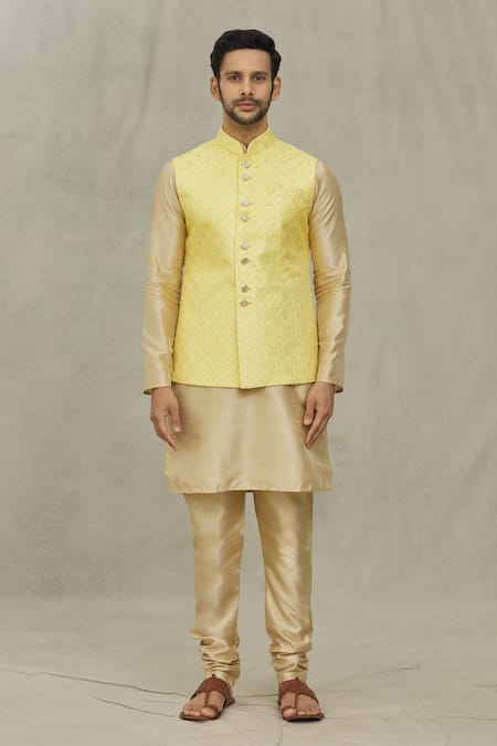 Buy_Arihant Rai Sinha_Yellow Silk Sequins, Embroidery Bundi And Kurta Set _Online_at_Aza_Fashions