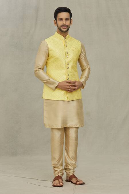 Shop_Arihant Rai Sinha_Yellow Silk Sequins, Embroidery Bundi And Kurta Set _Online_at_Aza_Fashions