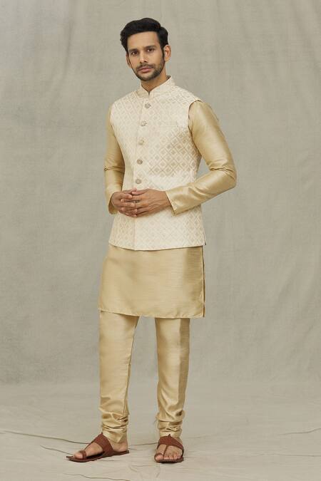 Shop_Arihant Rai Sinha_Cream Silk Sequins, Embroidery Diamond Pattern Bundi And Kurta Set_Online_at_Aza_Fashions