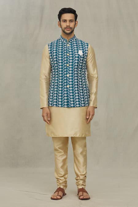 Arihant Rai Sinha_Blue Silk Embroidery Floral Bundi _Online_at_Aza_Fashions