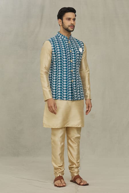 Buy_Arihant Rai Sinha_Blue Silk Embroidery Floral Bundi _Online_at_Aza_Fashions