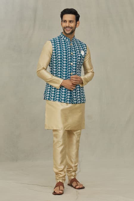 Shop_Arihant Rai Sinha_Blue Silk Embroidery Floral Bundi _Online_at_Aza_Fashions