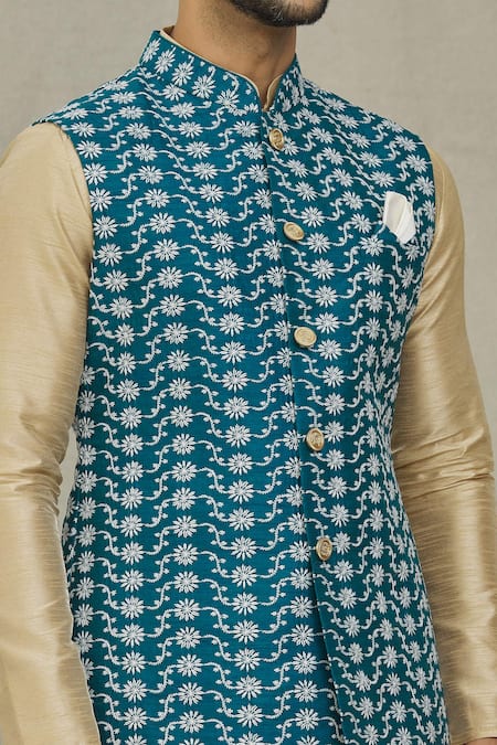 Arihant Rai Sinha_Blue Silk Embroidery Floral Bundi _at_Aza_Fashions