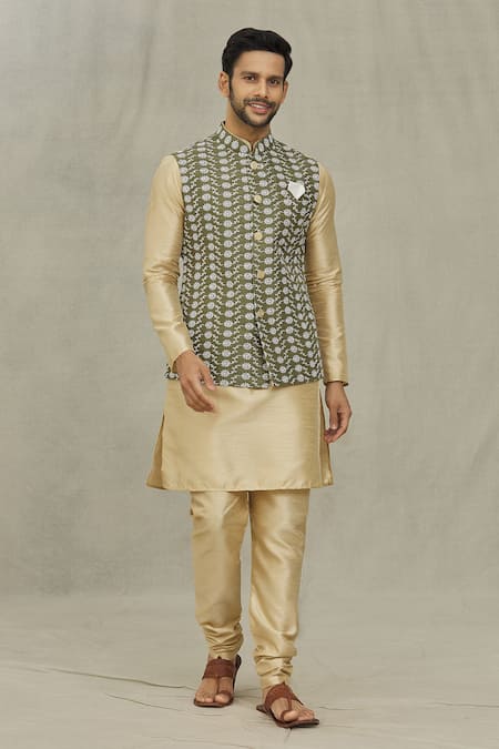 Arihant Rai Sinha Floral Thread Embroidered Olive Green Bundi 