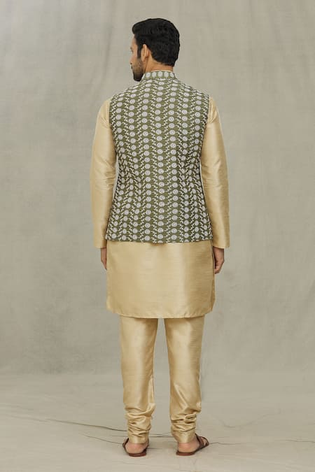 Arihant Rai Sinha Floral Thread Embroidered Olive Green Bundi 