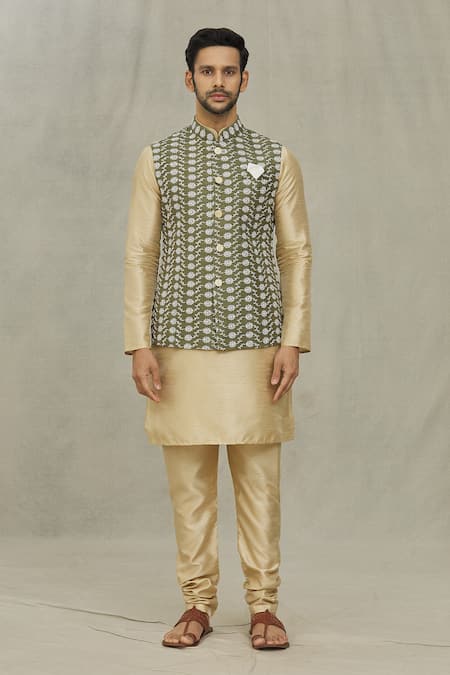 Arihant Rai Sinha_Green Silk Embroidery Floral Thread Olive Bundi _Online_at_Aza_Fashions