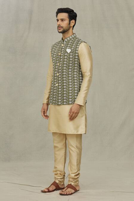Buy_Arihant Rai Sinha_Green Silk Embroidery Floral Thread Olive Bundi _Online_at_Aza_Fashions