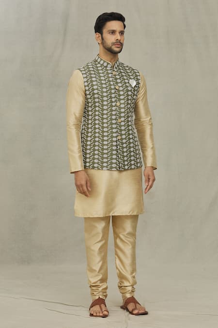 Shop_Arihant Rai Sinha_Green Silk Embroidery Floral Thread Olive Bundi _Online_at_Aza_Fashions