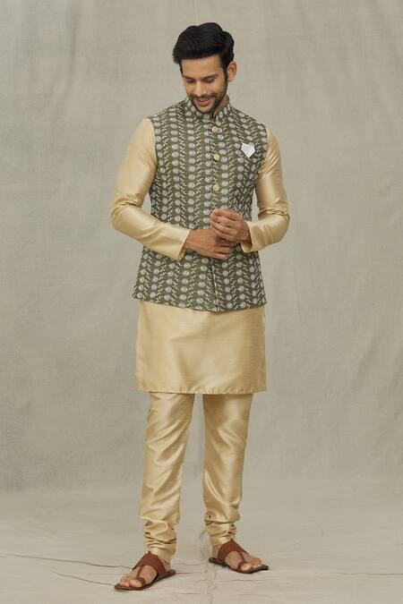 Arihant Rai Sinha_Green Silk Embroidery Floral Thread Olive Bundi _at_Aza_Fashions