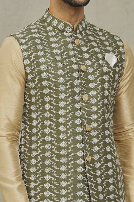 Buy_Arihant Rai Sinha_Green Silk Embroidery Floral Thread Olive Bundi 