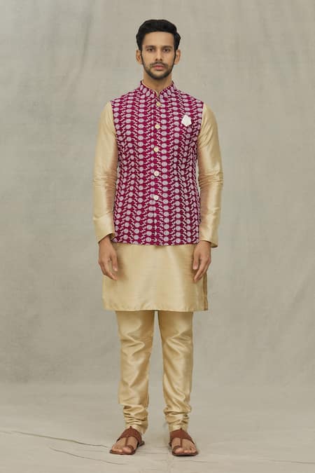 Arihant Rai Sinha_Maroon Silk Embroidery Floral Thread Bundi _Online_at_Aza_Fashions