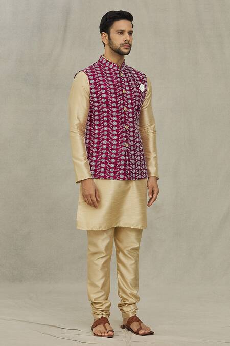 Buy_Arihant Rai Sinha_Maroon Silk Embroidery Floral Thread Bundi _Online_at_Aza_Fashions