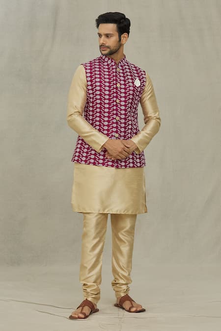 Shop_Arihant Rai Sinha_Maroon Silk Embroidery Floral Thread Bundi _Online_at_Aza_Fashions