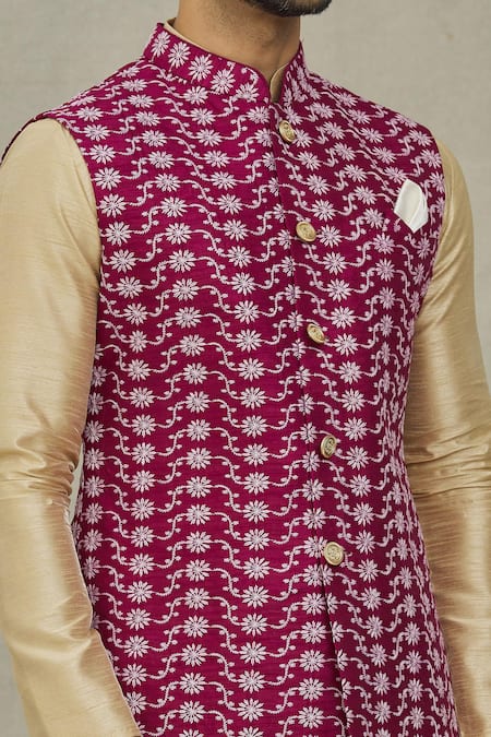 Arihant Rai Sinha_Maroon Silk Embroidery Floral Thread Bundi _at_Aza_Fashions