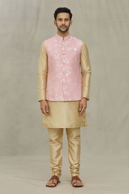 Arihant Rai Sinha_Pink Jacquard Embroidery Floral Woven Bundi _Online_at_Aza_Fashions