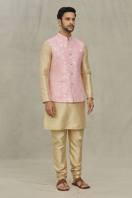 Buy_Arihant Rai Sinha_Pink Jacquard Embroidery Floral Woven Bundi _Online_at_Aza_Fashions