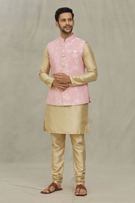 Shop_Arihant Rai Sinha_Pink Jacquard Embroidery Floral Woven Bundi _Online_at_Aza_Fashions