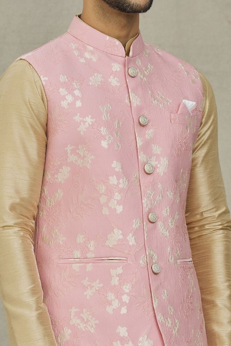 Arihant Rai Sinha_Pink Jacquard Embroidery Floral Woven Bundi _at_Aza_Fashions