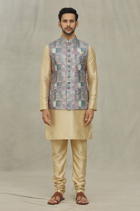Arihant Rai Sinha_Gray Silk Mughal Print Sleeveless Bundi _Online_at_Aza_Fashions