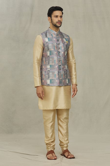 Buy_Arihant Rai Sinha_Gray Silk Mughal Print Sleeveless Bundi _Online_at_Aza_Fashions