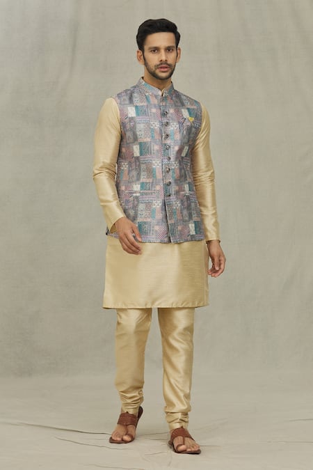 Shop_Arihant Rai Sinha_Gray Silk Mughal Print Sleeveless Bundi _Online_at_Aza_Fashions