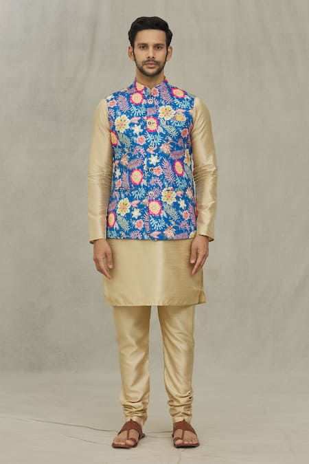 Arihant Rai Sinha_Blue Cotton Floral Print Bundi _Online_at_Aza_Fashions