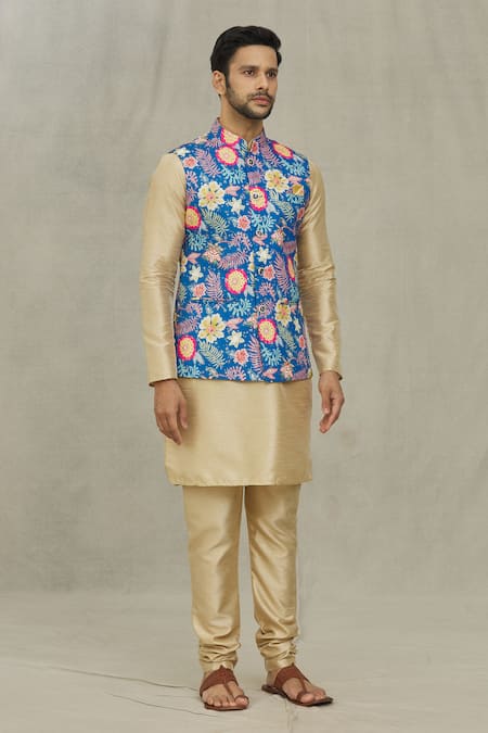 Buy_Arihant Rai Sinha_Blue Cotton Floral Print Bundi _Online_at_Aza_Fashions