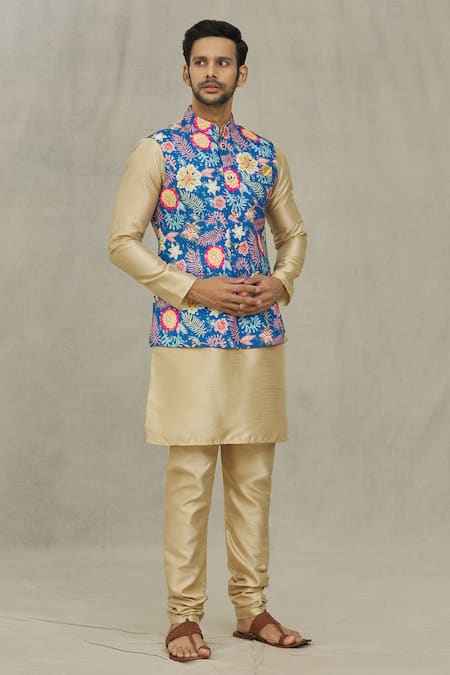 Shop_Arihant Rai Sinha_Blue Cotton Floral Print Bundi _Online_at_Aza_Fashions