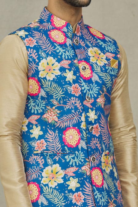 Arihant Rai Sinha_Blue Cotton Floral Print Bundi _at_Aza_Fashions