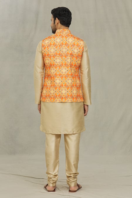 Shop Arihant Rai Sinha Orange Cotton Embroidery Geometric Bandhani Printed Bundi at Aza Fashions Shop_Arihant Rai Sinha_Orange Cotton Embroidery Geometric Bandhani Printed Bundi _at_Aza_Fashions