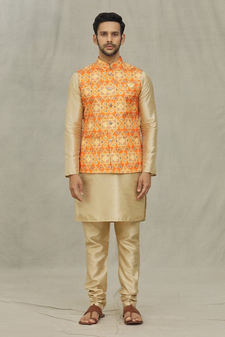 Arihant Rai Sinha Orange Cotton Embroidery Geometric Bandhani Printed Bundi Online at Aza Fashions Arihant Rai Sinha_Orange Cotton Embroidery Geometric Bandhani Printed Bundi _Online_at_Aza_Fashions
