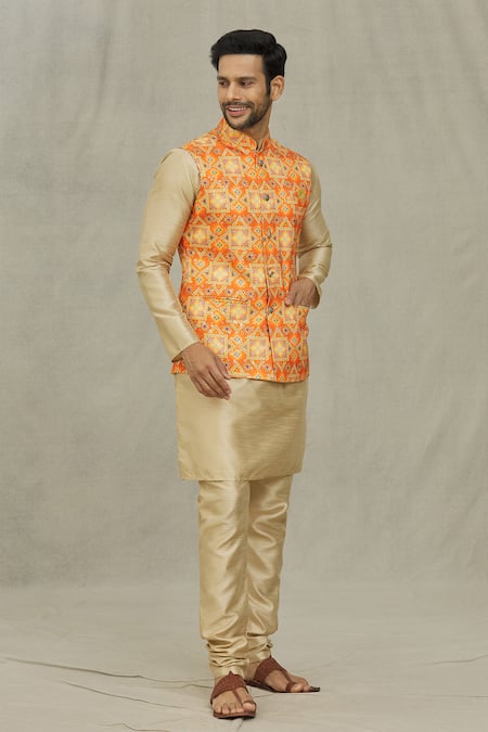 Buy Arihant Rai Sinha Orange Cotton Embroidery Geometric Bandhani Printed Bundi Online at Aza Fashions Buy_Arihant Rai Sinha_Orange Cotton Embroidery Geometric Bandhani Printed Bundi _Online_at_Aza_Fashions