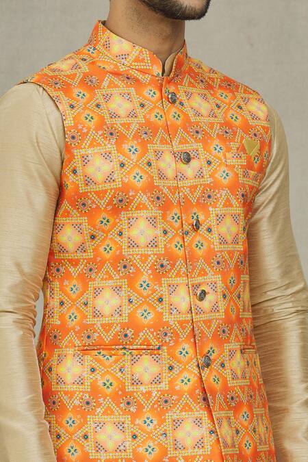 Shop Arihant Rai Sinha Orange Cotton Embroidery Geometric Bandhani Printed Bundi Online at Aza Fashions Shop_Arihant Rai Sinha_Orange Cotton Embroidery Geometric Bandhani Printed Bundi _Online_at_Aza_Fashions