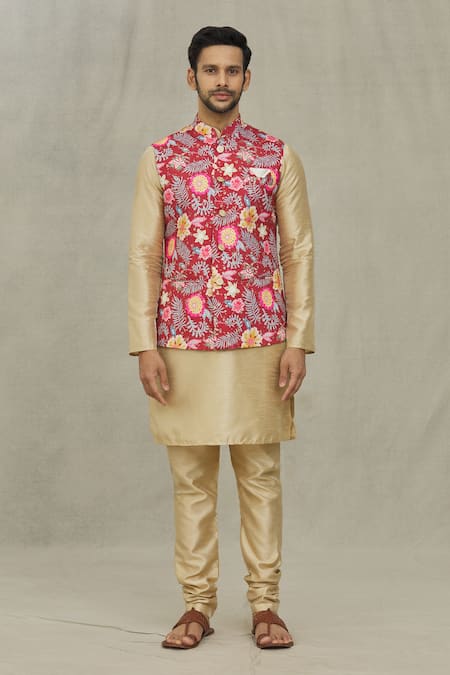 Arihant Rai Sinha_Red Cotton Embroidery Bloom Print Bundi _Online_at_Aza_Fashions