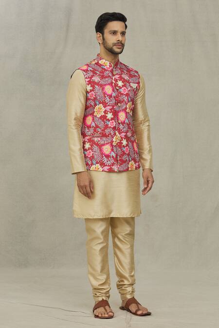 Buy_Arihant Rai Sinha_Red Cotton Embroidery Bloom Print Bundi _Online_at_Aza_Fashions