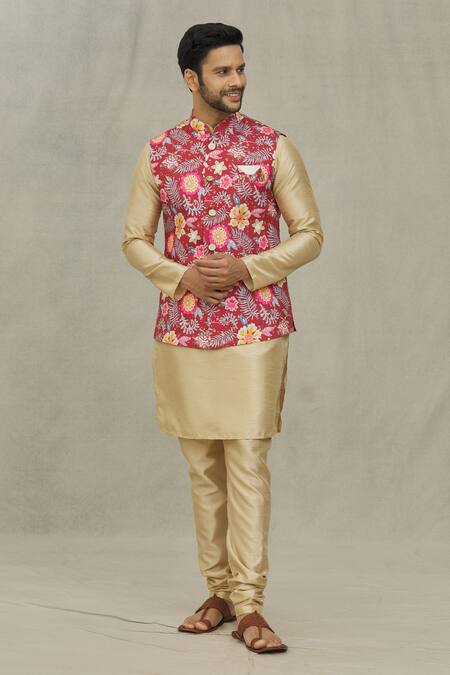 Shop_Arihant Rai Sinha_Red Cotton Embroidery Bloom Print Bundi _Online_at_Aza_Fashions