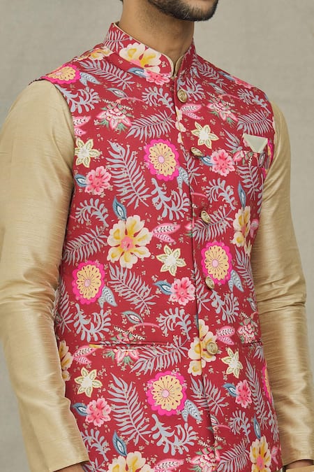 Arihant Rai Sinha_Red Cotton Embroidery Bloom Print Bundi _at_Aza_Fashions