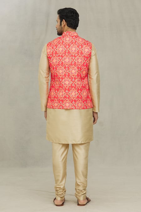 Shop Arihant Rai Sinha Red Cotton Embroidery Printed Bundi at Aza Fashions Shop_Arihant Rai Sinha_Red Cotton Embroidery Printed Bundi _at_Aza_Fashions