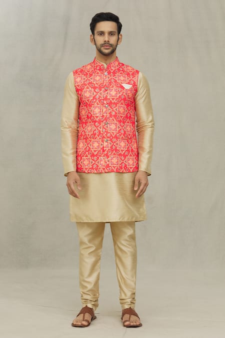 Arihant Rai Sinha Red Cotton Embroidery Printed Bundi Online at Aza Fashions Arihant Rai Sinha_Red Cotton Embroidery Printed Bundi _Online_at_Aza_Fashions