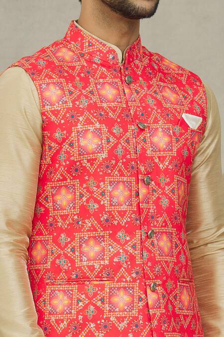 Arihant Rai Sinha Red Cotton Embroidery Printed Bundi at Aza Fashions Arihant Rai Sinha_Red Cotton Embroidery Printed Bundi _at_Aza_Fashions