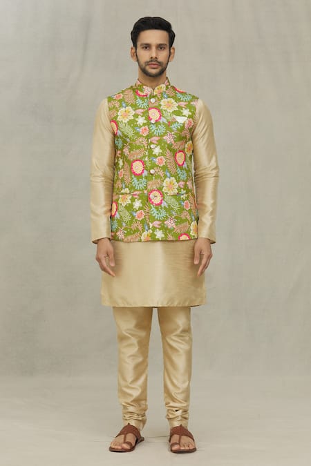 Arihant Rai Sinha_Green Cotton Flower Print Bundi _Online_at_Aza_Fashions