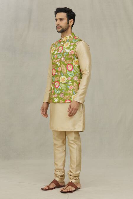 Buy_Arihant Rai Sinha_Green Cotton Flower Print Bundi _Online_at_Aza_Fashions