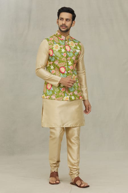 Shop_Arihant Rai Sinha_Green Cotton Flower Print Bundi _Online_at_Aza_Fashions
