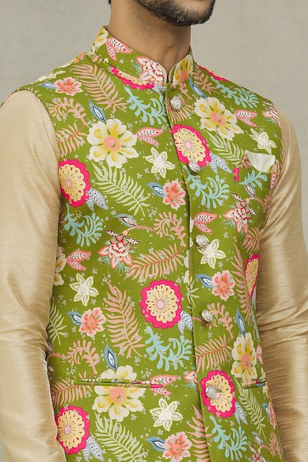 Arihant Rai Sinha_Green Cotton Flower Print Bundi _at_Aza_Fashions