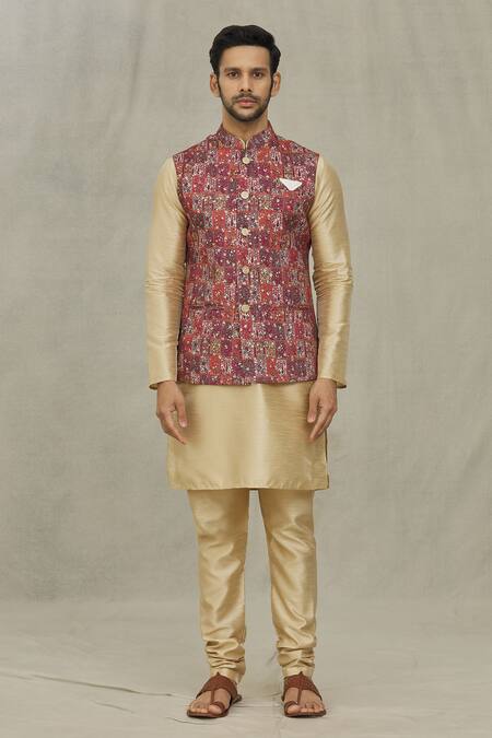 Arihant Rai Sinha_Maroon Cotton Embroidery Floral Pattern Bundi _Online_at_Aza_Fashions