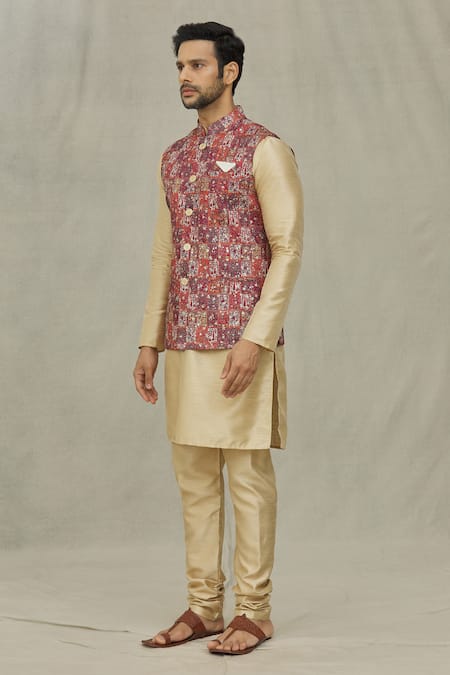 Buy_Arihant Rai Sinha_Maroon Cotton Embroidery Floral Pattern Bundi _Online_at_Aza_Fashions